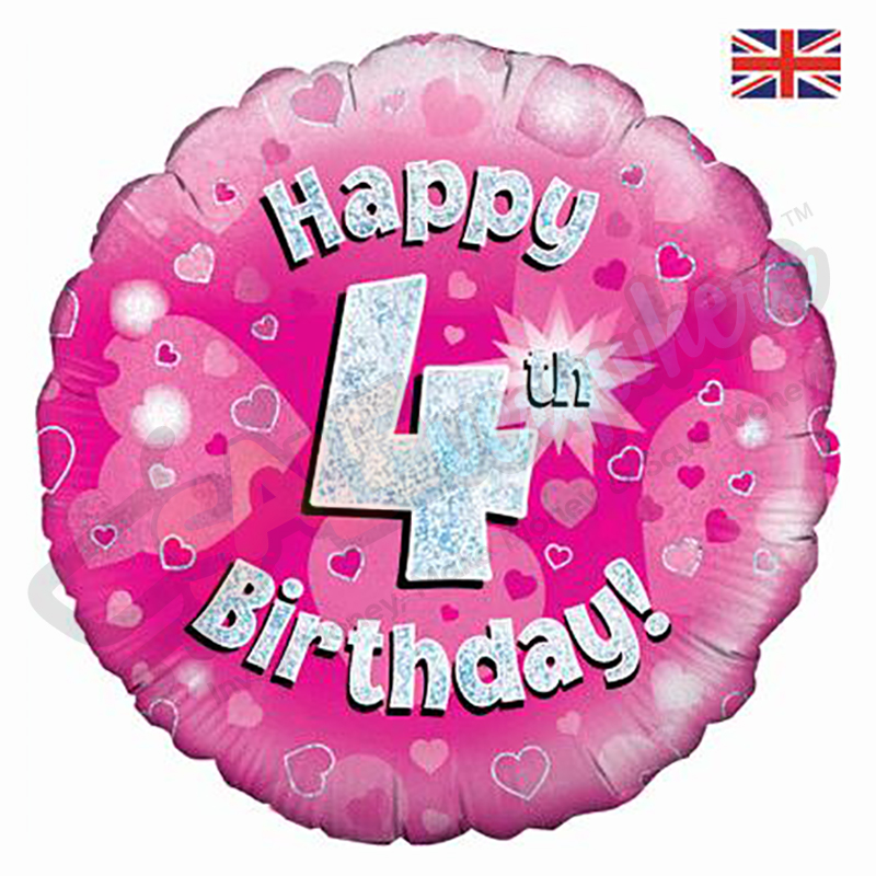 Pink Hearts Holographic Happy 4th Birthday 18" | 46cm Helium Foil Balloon