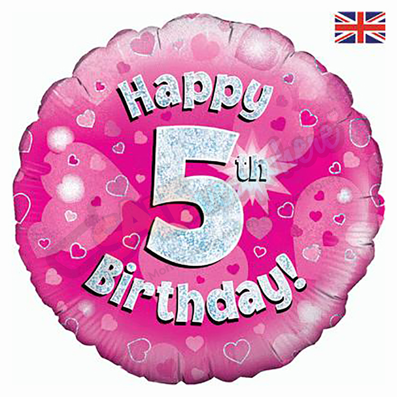 Pink Hearts Holographic Happy 5th Birthday 18" | 46cm Helium Foil Balloon