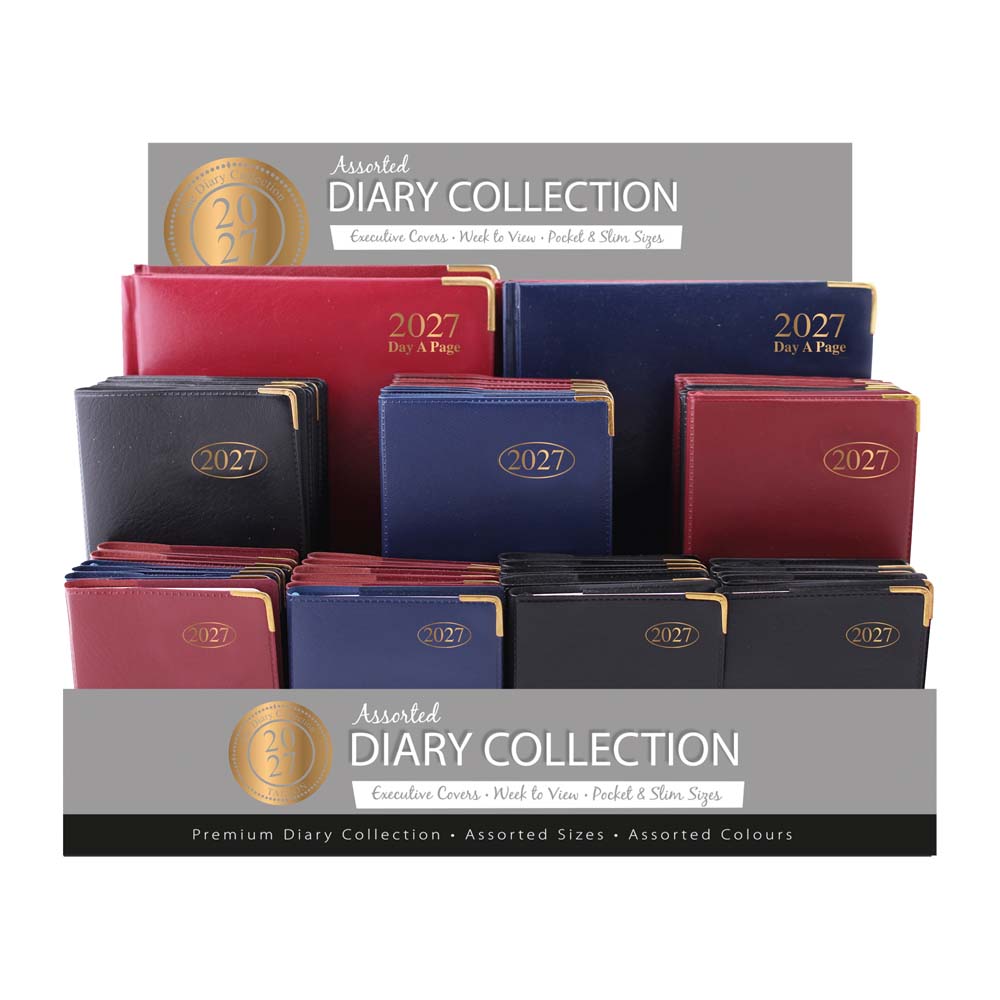 2027 Diary Collection Assorted Display, 24 Pocket Diary, 24 Slim Diary, 6 A5 WTV Diary & 3 A5 DAP Diary Asst Colours Black, Blue & Burgundy