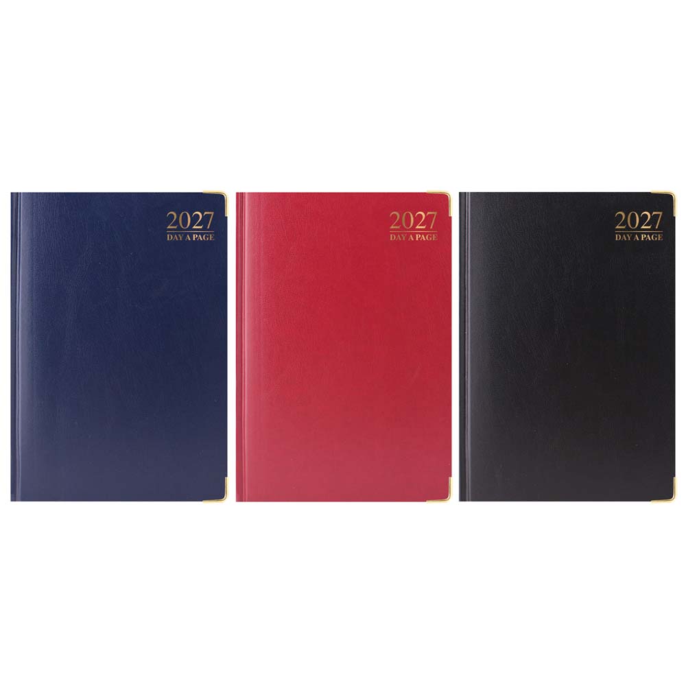 2027 A4 Day A Page Premium Padded Metal Corner & Gilt Edged Diary, Assorted Colours Black, Blue & Burgundy