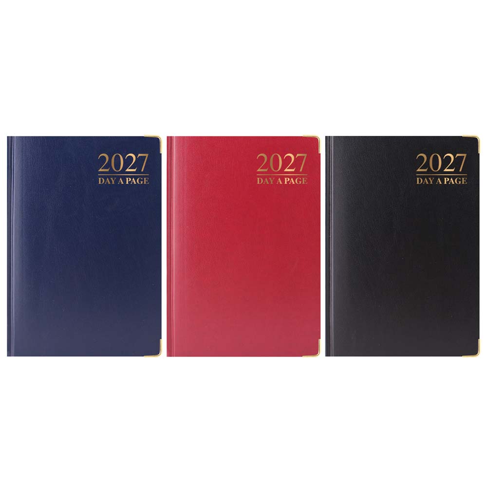 2027 A5 Diary Day A Page Premium Padded Metal Corner & Gilt Edged, Assorted Colours Black, Blue & Burgundy