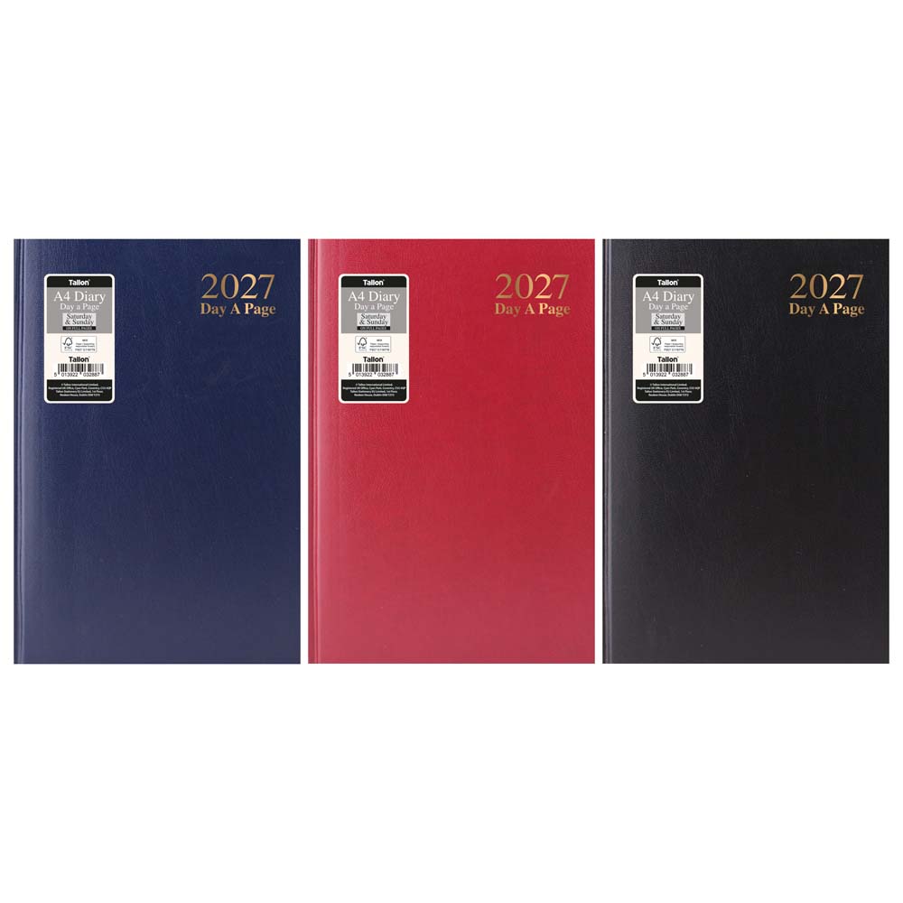 2027 A4 Diary Day a Page with Full Day Saturday & Sunday, Assorted Colours Black, Blue & Burgundy