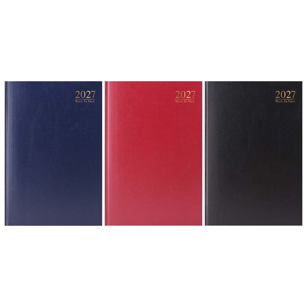 2027 A4 Diary Week To View Hard Back Value Range, Assorted Colours Black, Blue & Burgundy