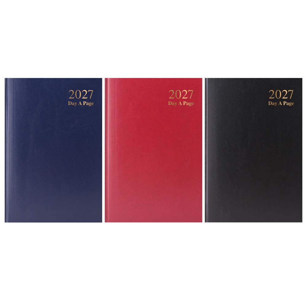 2027 A5 Diary Day A Page Hard Back Value Range, Assorted Colours Black, Blue & Burgundy