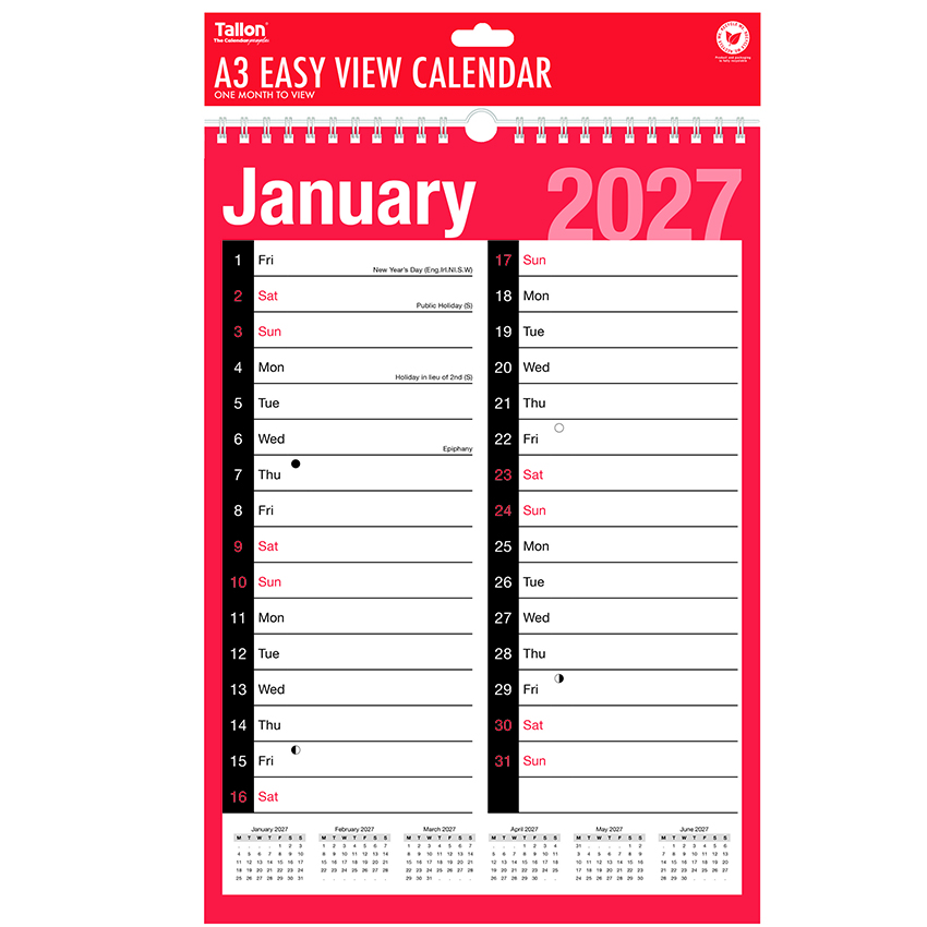 2027 Red & Black One Month To View A3 Easy View Calendar, Two Column