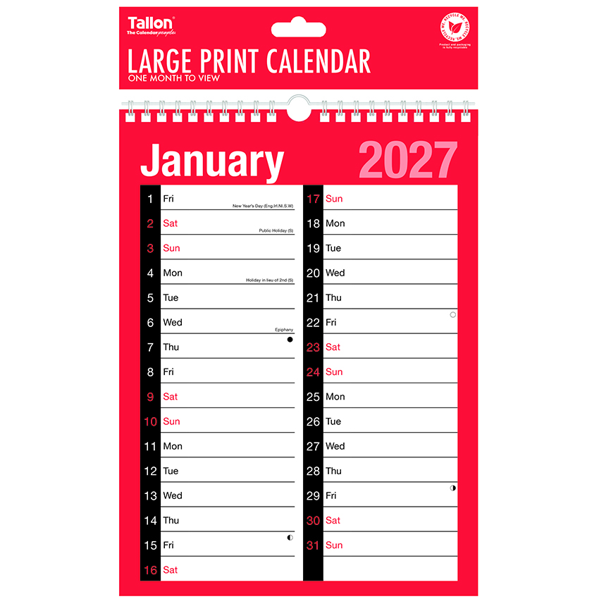 2027 Red & Black One Month To View Large Print Calendar, Two Column