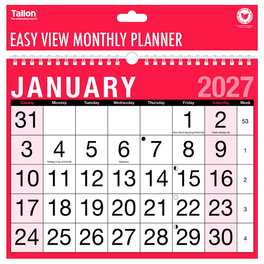 2027 Red & Black One Month To View Calendar Planner