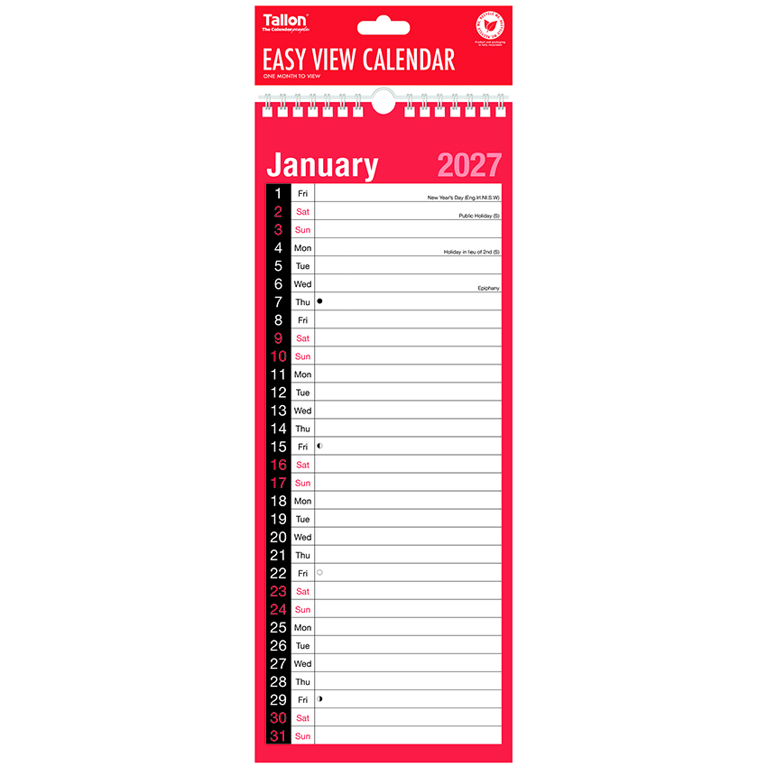 2027 Red & Black One Month To View Easy View Calendar, One Column
