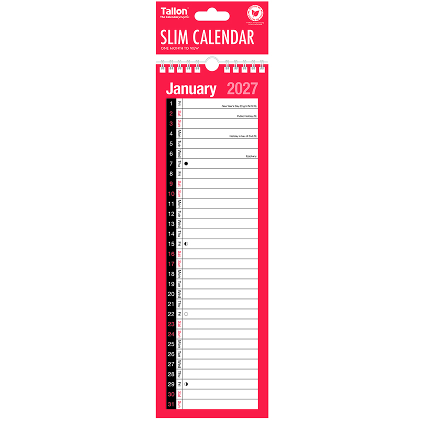 2027 Red & Black One Month To View Slim Calendar, One Column