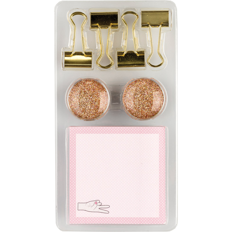 Rose Gold Glass Magnets, Binder Clips & Notepad Set, Hanging