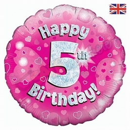 Pink Hearts Holographic Happy 5th Birthday 18" | 46cm Helium Foil Balloon