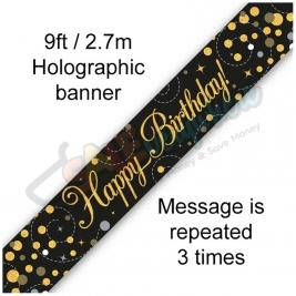 Happy Birthday Sparkling Fizz Black & Gold Holographic Foil Banner