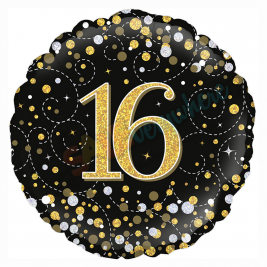 Black & Gold Holographic Sparkling Fizz Happy 16th Birthday 18" | 46cm Helium Foil
