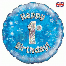 Blue Stars Holographic Happy 1st Birthday 18" | 46cm Helium Foil Balloon