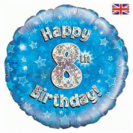 Blue Stars Holographic Happy 8th Birthday 18" | 46cm Helium Foil Balloon