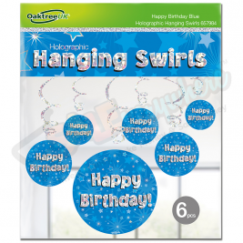Happy Birthday Blue Holographic Hanging Swirls, Pack of 6