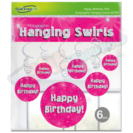Happy Birthday Pink Holographic Hanging Swirls, Pack of 6