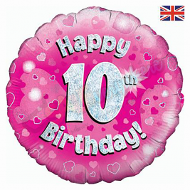 Pink Hearts Holographic Happy 10th Birthday 18" | 46cm Helium Foil Balloon