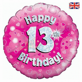 Pink Hearts Holographic Happy 13th Birthday 18" | 46cm Helium Foil Balloon