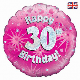 Pink Hearts Holographic Happy 30th Birthday 18" | 46cm Helium Foil Balloon