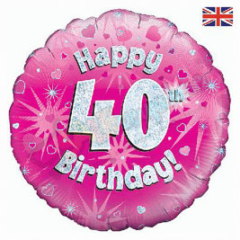 Pink Hearts Holographic Happy 40th Birthday 18" | 46cm Helium Foil Balloon