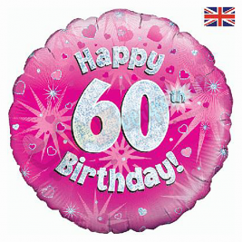 Pink Hearts Holographic Happy 60th Birthday 18" | 46cm Helium Foil Balloon
