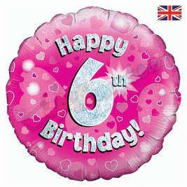 Pink Hearts Holographic Happy 6th Birthday 18" | 46cm Helium Foil Balloon
