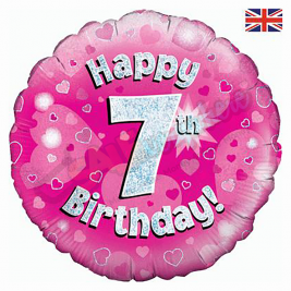 Pink Hearts Holographic Happy 7th Birthday 18" | 46cm Helium Foil Balloon