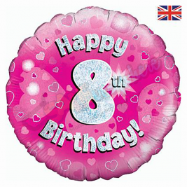 Pink Hearts Holographic Happy 8th Birthday 18" | 46cm Helium Foil Balloon
