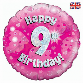 Pink Hearts Holographic Happy 9th Birthday 18" | 46cm Helium Foil Balloon