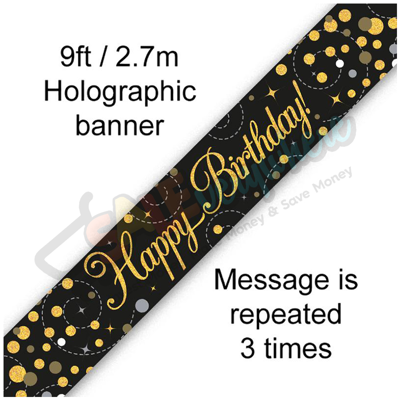 Happy Birthday Sparkling Fizz Black & Gold Holographic Foil Banner