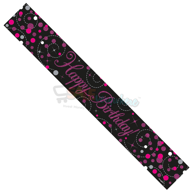 Happy Birthday Sparkling Fizz Black & Pink Holographic Foil Banner