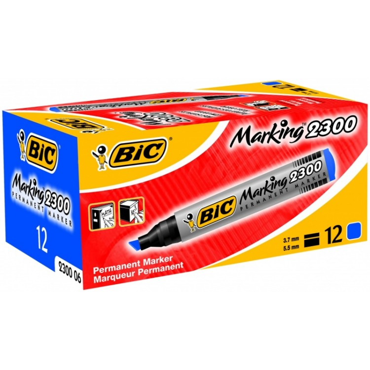 Bic Permanent Marker 2300 Chisel Tip Blue, Pack of 12