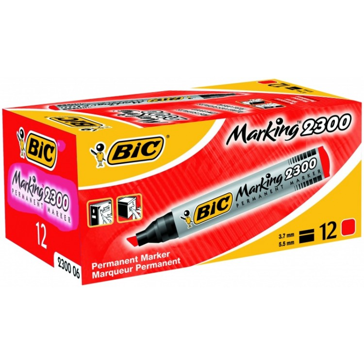 Bic Permanent Marker 2300 Chisel Tip Red, Pack of 12