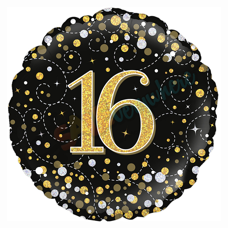 Black & Gold Holographic Sparkling Fizz Happy 16th Birthday 18" | 46cm Helium Foil