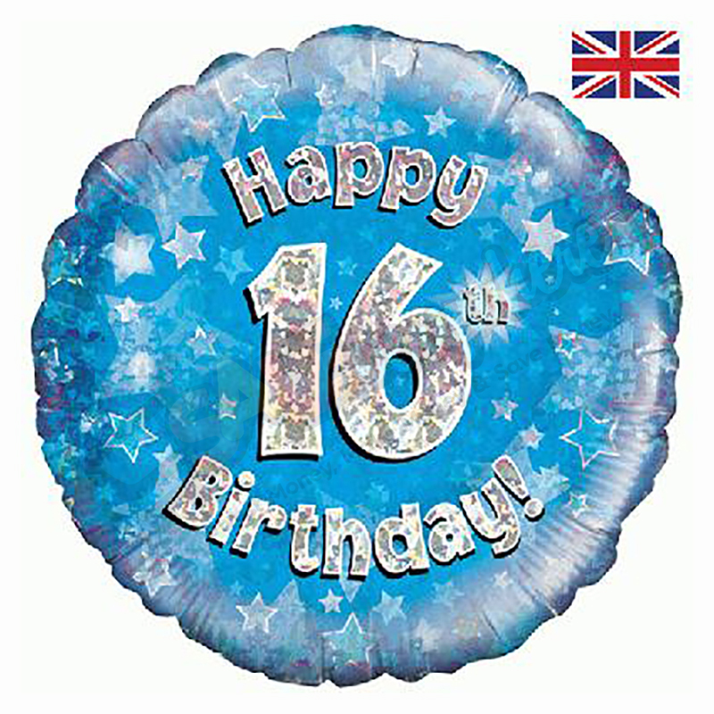 Blue Stars Holographic Happy 16th Birthday 18" | 46cm Helium Foil Balloon