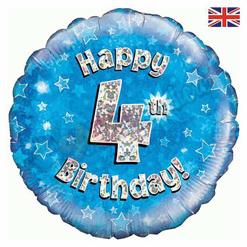 Blue Stars Holographic Happy 4th Birthday 18" | 46cm Helium Foil Balloon