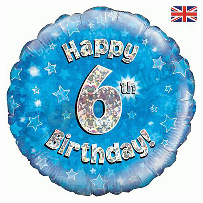 Blue Stars Holographic Happy 6th Birthday 18" | 46cm Helium Foil Balloon