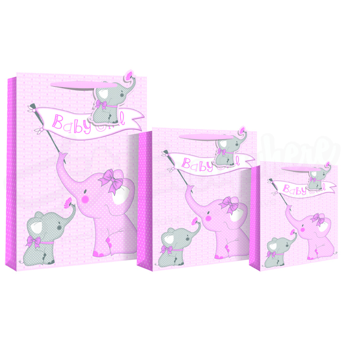 Eurowrap Gift Bag Baby Girl Big Elephant Printed Extra Large
