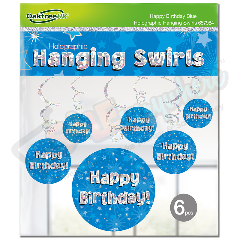 Happy Birthday Blue Holographic Hanging Swirls, Pack of 6