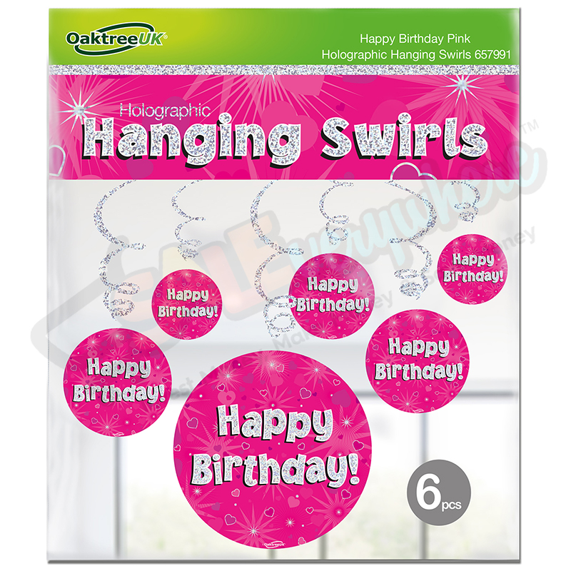 Happy Birthday Pink Holographic Hanging Swirls, Pack of 6