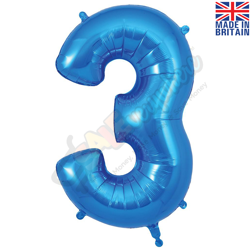 Number 3, Blue Foil Balloon 34" | 87cm, Hanging
