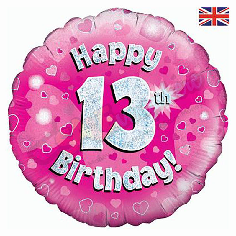 Pink Hearts Holographic Happy 13th Birthday 18" | 46cm Helium Foil Balloon