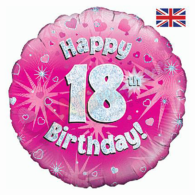 Pink Hearts Holographic Happy 18th Birthday 18" | 46cm Helium Foil Balloon