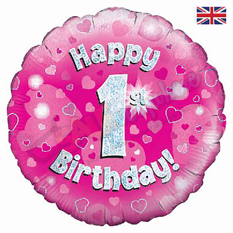 Pink Hearts Holographic Happy 1st Birthday 18" | 46cm Helium Foil Balloon