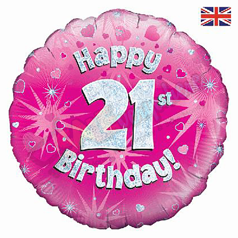 Pink Hearts Holographic Happy 21st Birthday 18" | 46cm Helium Foil Balloon