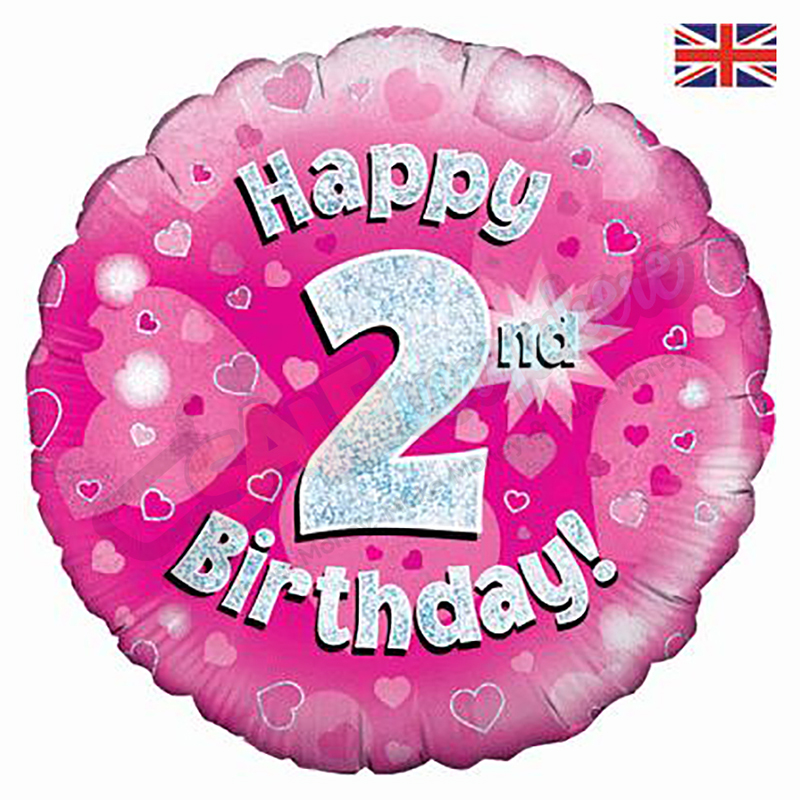 Pink Hearts Holographic Happy 2nd Birthday 18" | 46cm Helium Foil Balloon