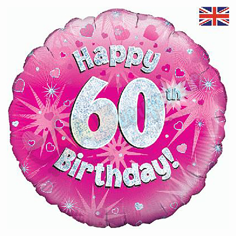 Pink Hearts Holographic Happy 60th Birthday 18" | 46cm Helium Foil Balloon