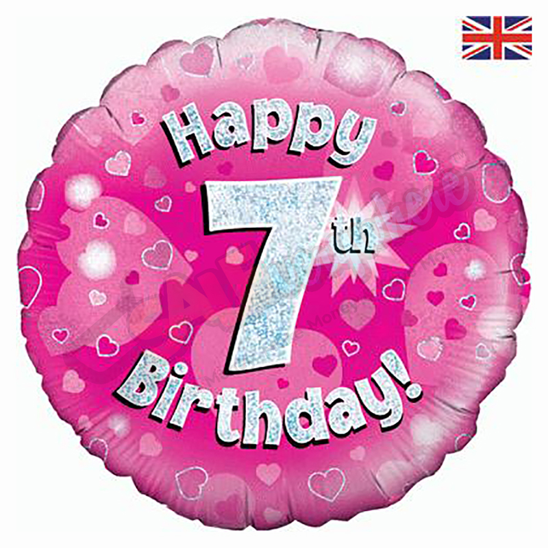 Pink Hearts Holographic Happy 7th Birthday 18" | 46cm Helium Foil Balloon