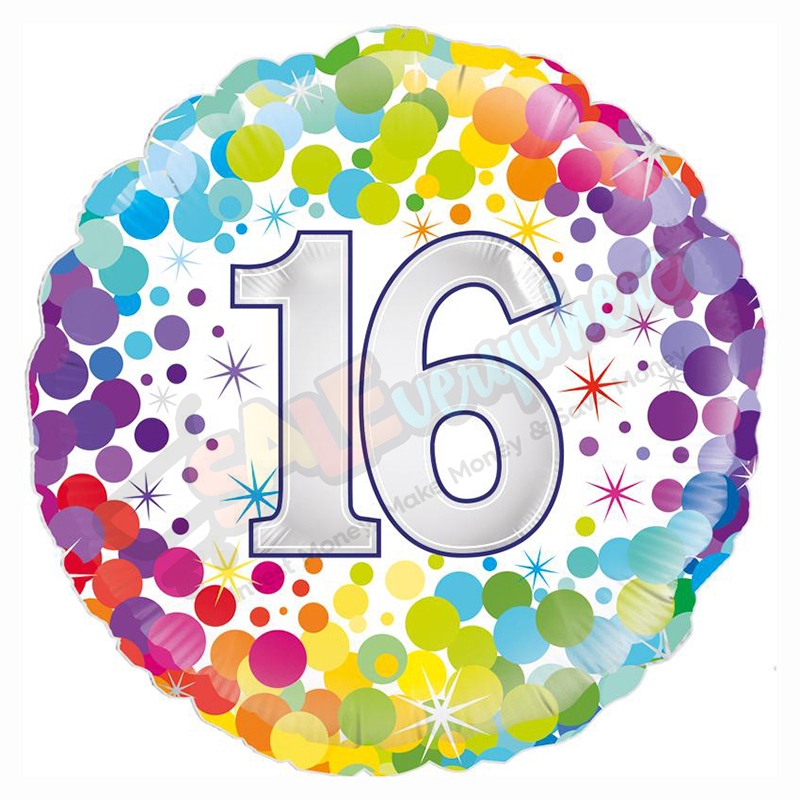 Unisex Colourful Confetti Happy 16th Birthday 18" | 46cm Helium Foil Balloon